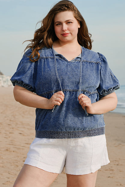 Sail Blue Plus  V Neck Puff Sleeve Denim Blouse. PSCollection