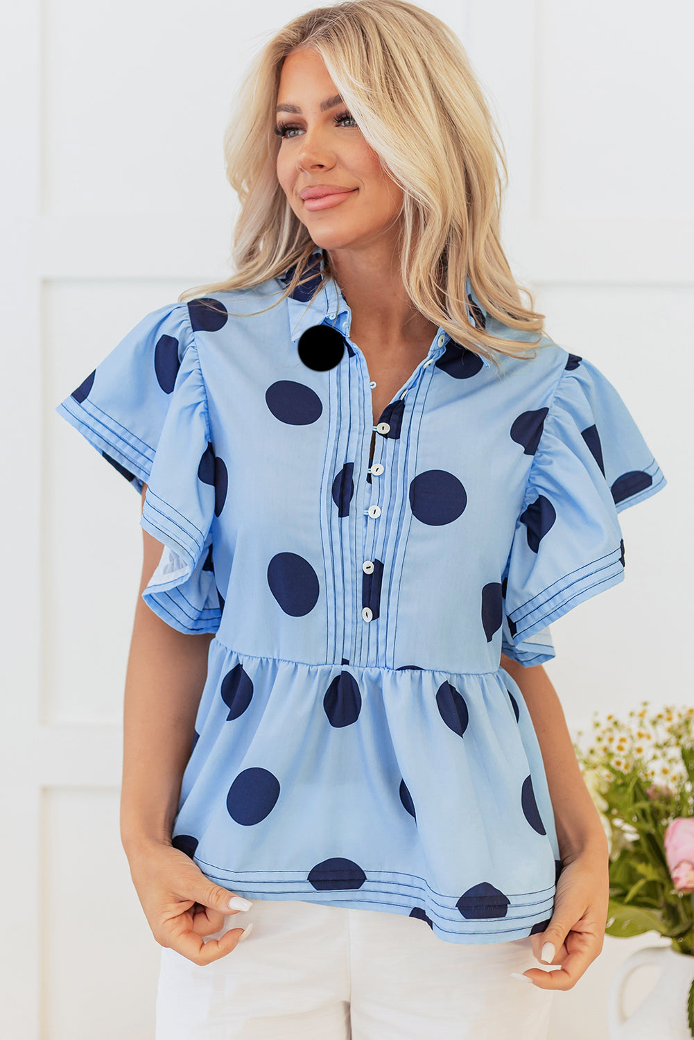 Sky Blue Polka Dot Print Ruffled Blouse. GCollection