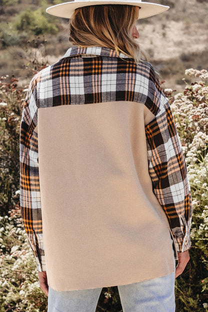 Khaki Knit Plaid Patchwork Shacket. GCollection