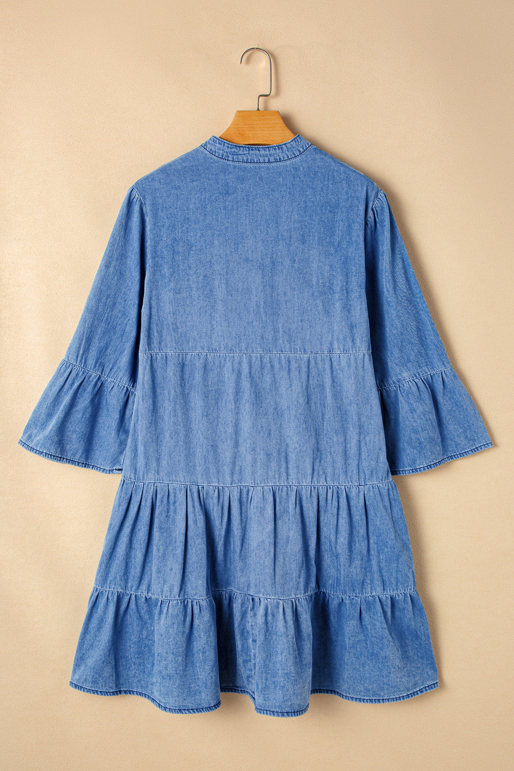 Sky Blue 3/4 Sleeve Tiered Split V Neck Dress. GCollection