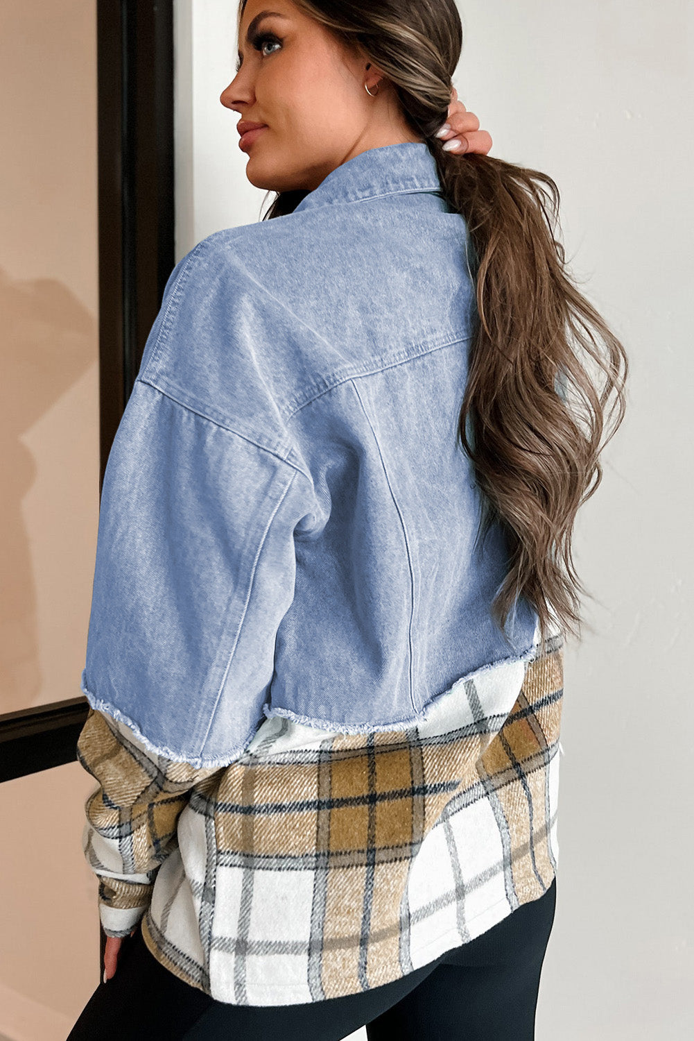 Khaki Plaid Patchwork Buttoned Oversized Denim Jacket. GCollection