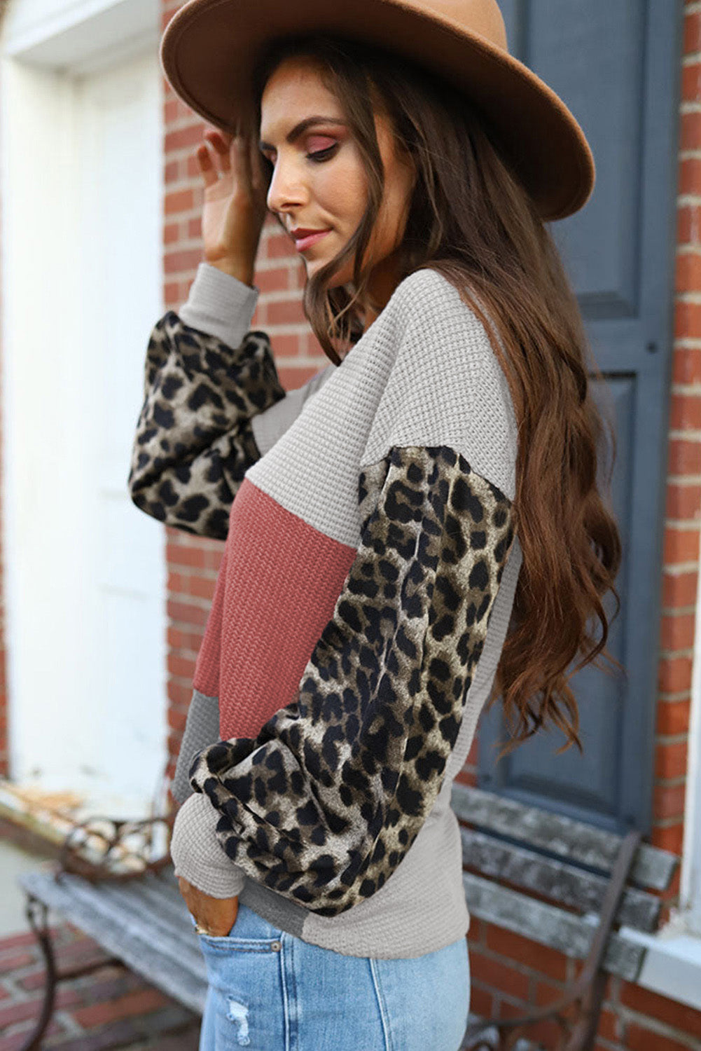 Leopard Contrast Sleeve Colorblock Waffle Knit Top. GCollection