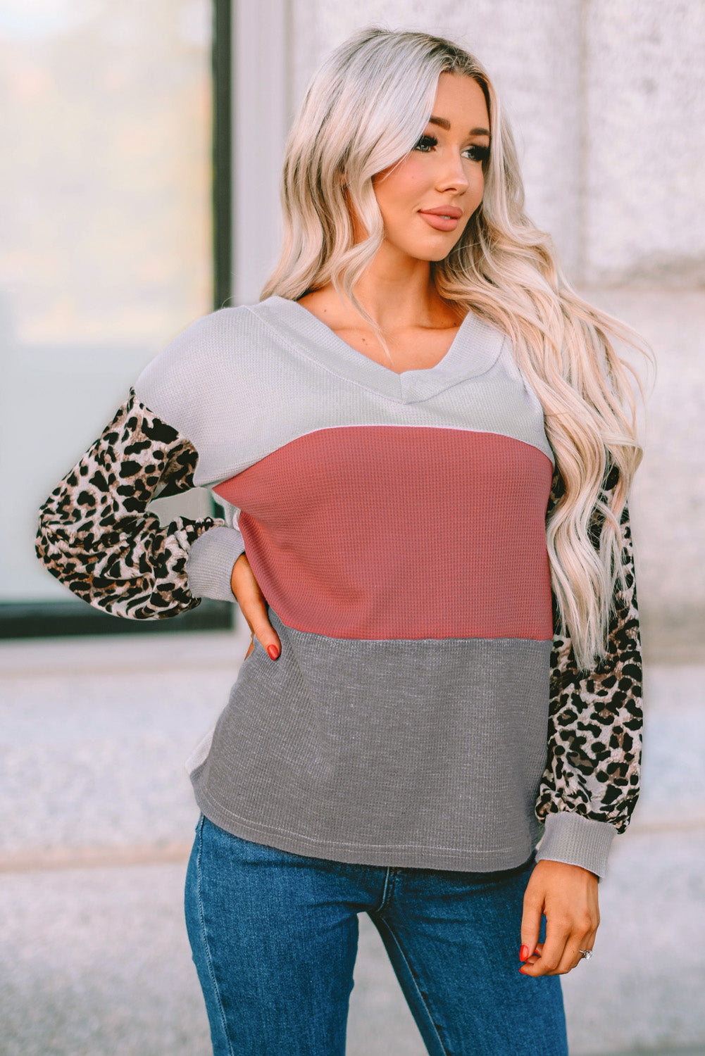 Leopard Contrast Sleeve Colorblock Waffle Knit Top. GCollection