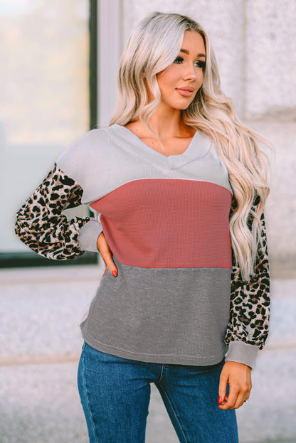 Leopard Contrast Sleeve Colorblock Waffle Knit Top. GCollection