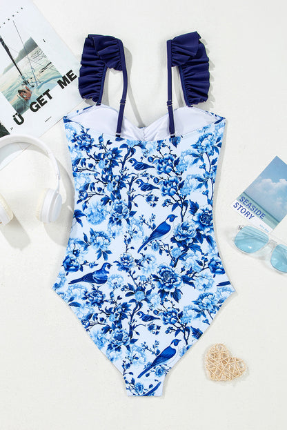 Blue Cutout Ruffled Spaghetti Strap One-Piece Swimwear. GCollection