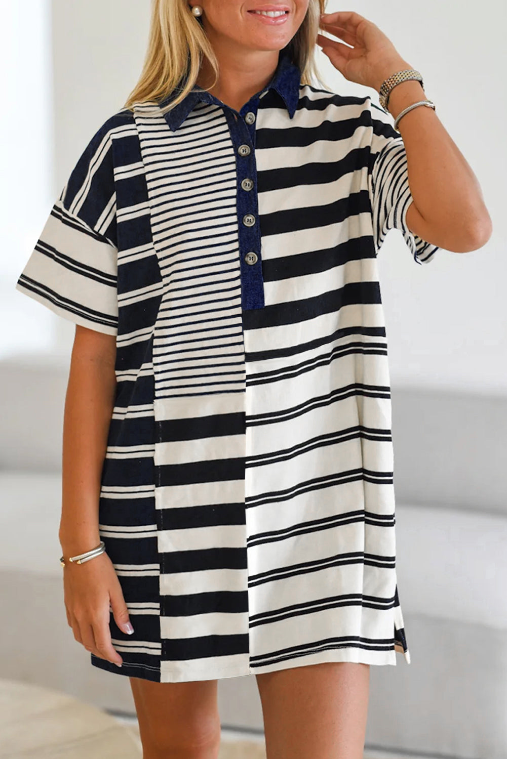 Black Stripe Half Placket Polo T Shirt Dress. GCollection