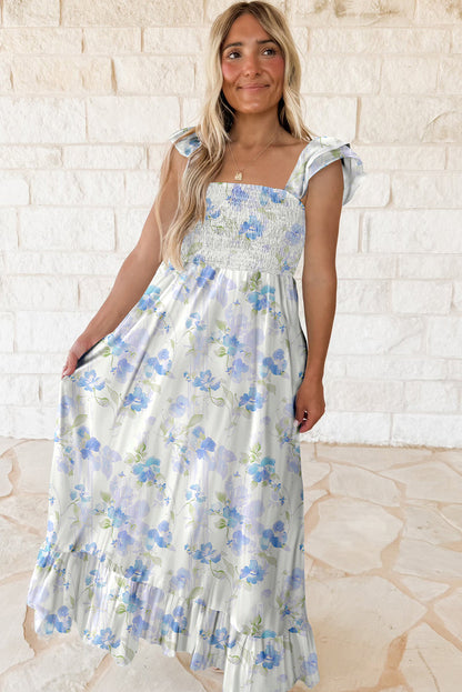 Sky Blue Floral Smocked High Waist Long Dress. GCollection