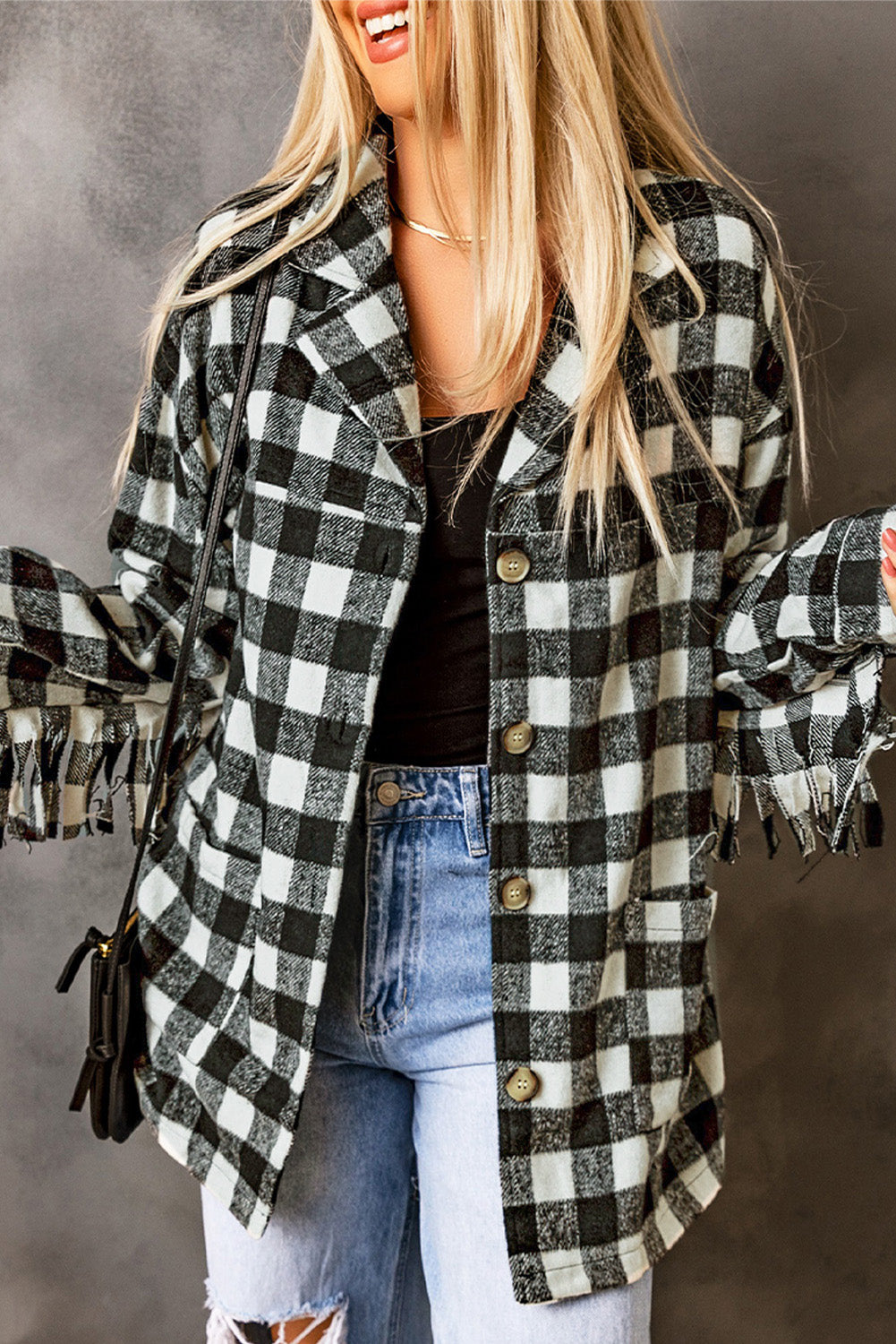 Black fringed plaid print shacket